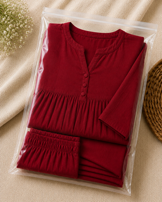 Women's  red v-neck 3 button gathered a-line kurta pant set 5