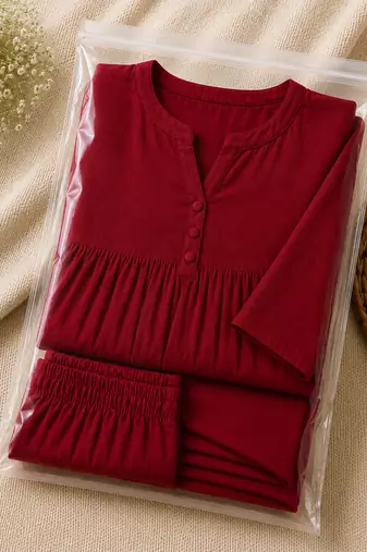 Women's  red v-neck 3 button gathered a-line kurta pant set