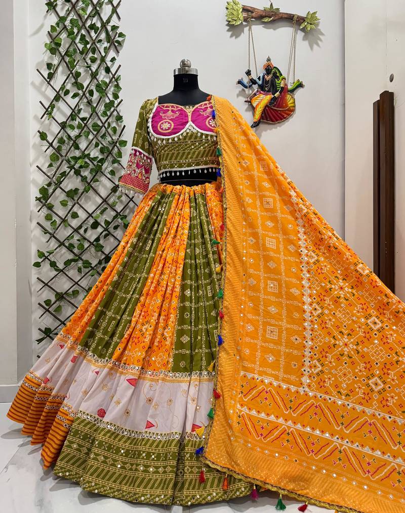 OLIVE COLOUR  Muslin Cotton Mirror Work Lehenga Choli
