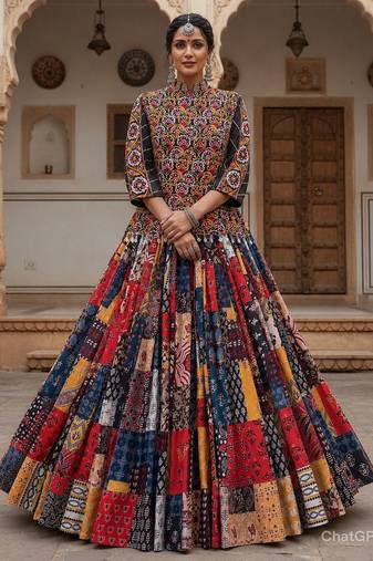 MULTICOLOR Muslin Cotton Mirror Work Lehenga Choli