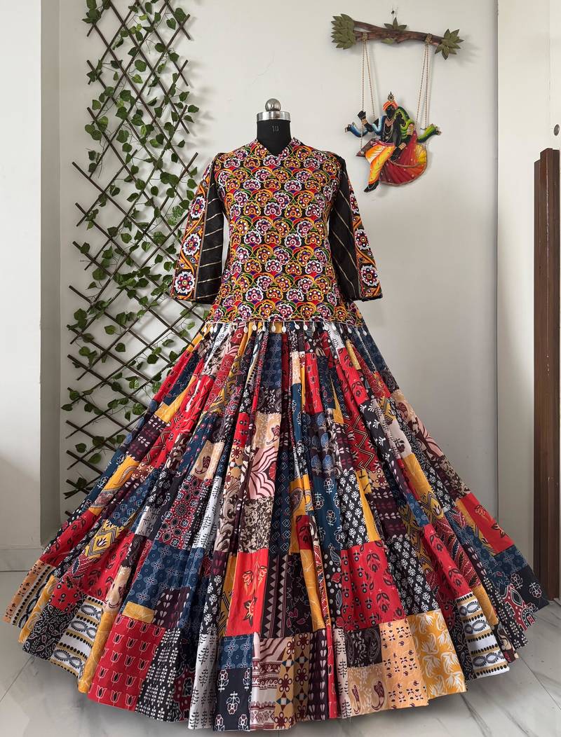 MULTICOLOR Muslin Cotton Mirror Work Lehenga Choli