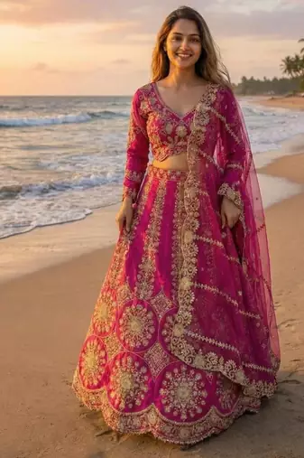 Hot Pink Bridal Lehenga Choli Dupatta Set Heavy Embroidery Wedding Lehenga Net For Women's