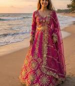 Hot Pink Bridal Lehenga Choli Dupatta Set Heavy Embroidery Wedding Lehenga Net For Women's