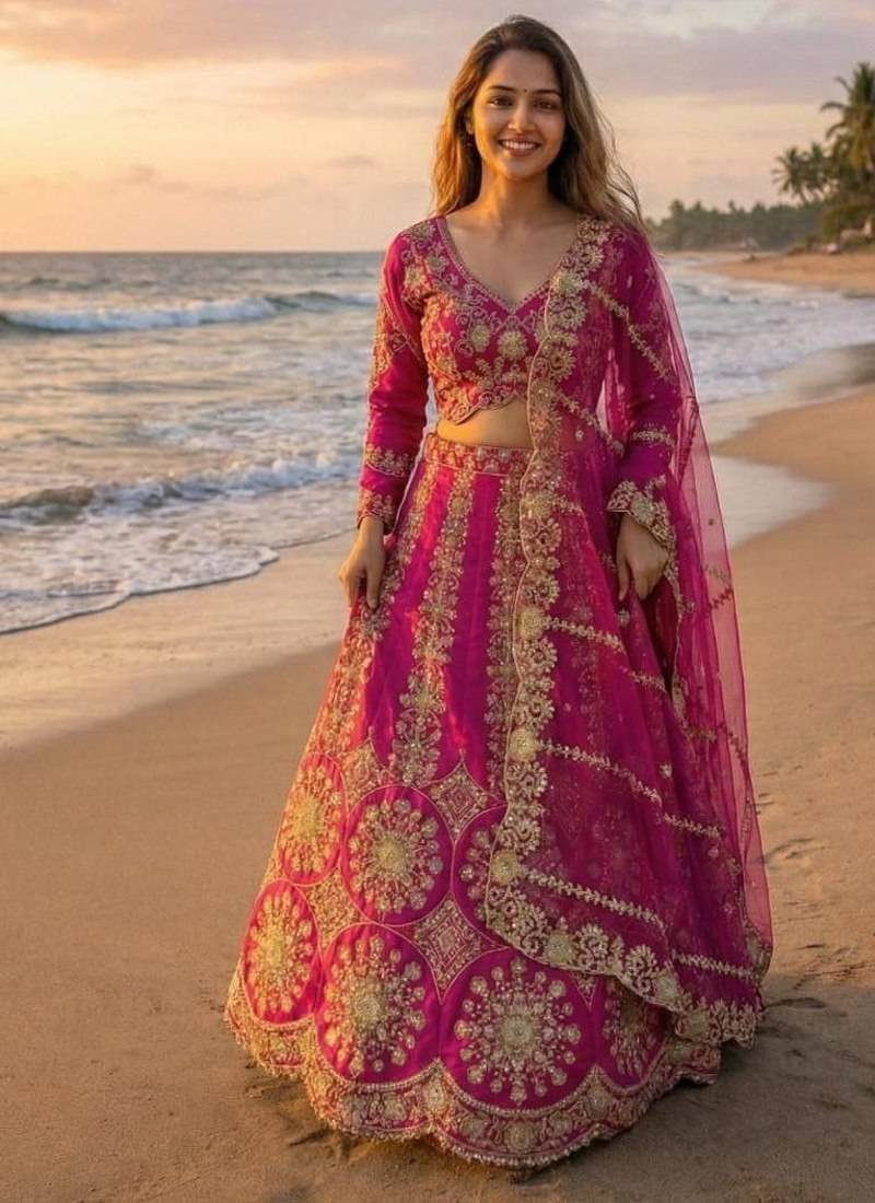 Hot Pink Bridal Lehenga Choli Dupatta Set Heavy Embroidery Wedding Lehenga Net For Women's
