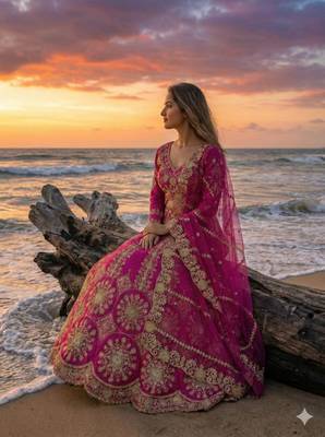 Hot Pink Bridal Lehenga Choli Dupatta Set Heavy Embroidery Wedding Lehenga Net For Women's 2