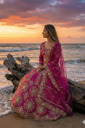 Hot Pink Bridal Lehenga Choli Dupatta Set Heavy Embroidery Wedding Lehenga Net For Women's