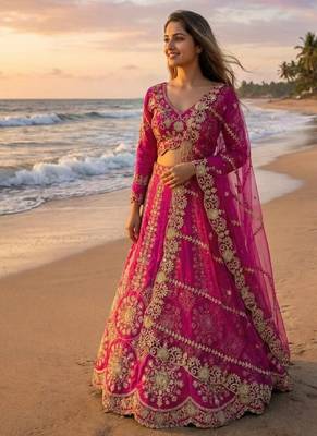Hot Pink Bridal Lehenga Choli Dupatta Set Heavy Embroidery Wedding Lehenga Net For Women's 3
