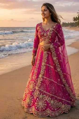 Hot Pink Bridal Lehenga Choli Dupatta Set Heavy Embroidery Wedding Lehenga Net For Women's