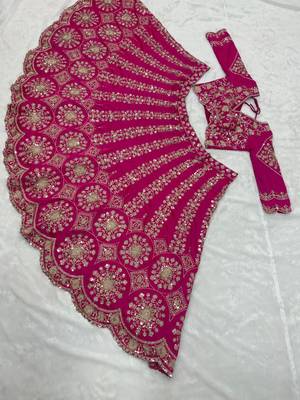 Hot Pink Bridal Lehenga Choli Dupatta Set Heavy Embroidery Wedding Lehenga Net For Women's 4
