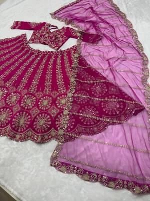 Hot Pink Bridal Lehenga Choli Dupatta Set Heavy Embroidery Wedding Lehenga Net For Women's 5