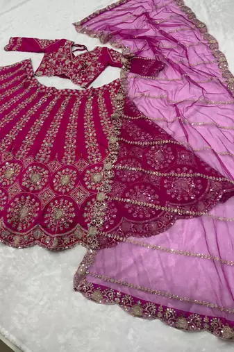 Hot Pink Bridal Lehenga Choli Dupatta Set Heavy Embroidery Wedding Lehenga Net For Women's