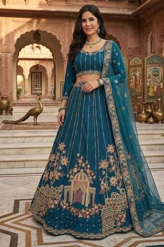 Teal Blue Designer Soft Net Lehenga Choli with Heavy Multi Thread Embroidery & Sequins Work For Women's