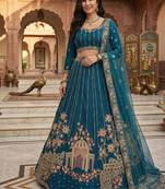 Teal Blue Designer Soft Net Lehenga Choli with Heavy Multi Thread Embroidery & Sequins Work For Women's