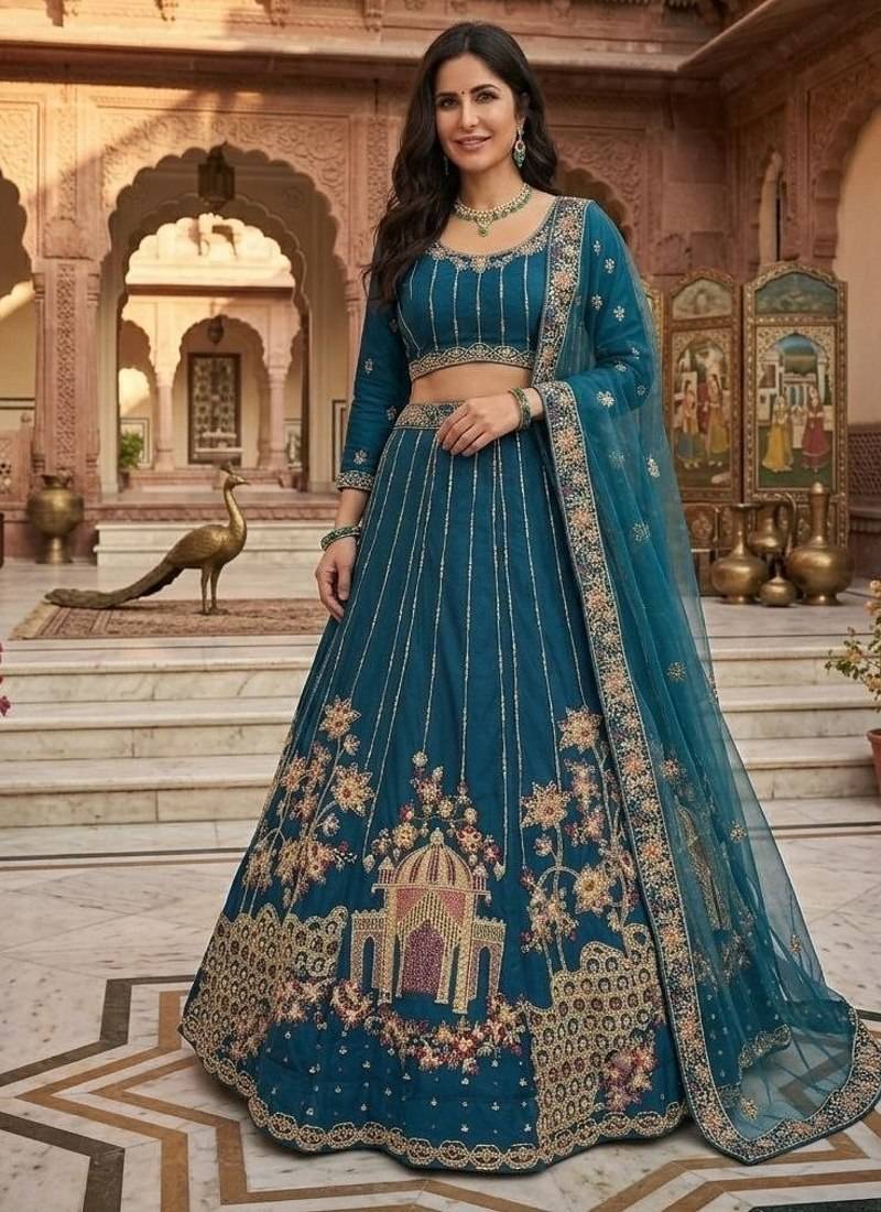 Teal Blue Designer Soft Net Lehenga Choli with Heavy Multi Thread Embroidery & Sequins Work For Women's