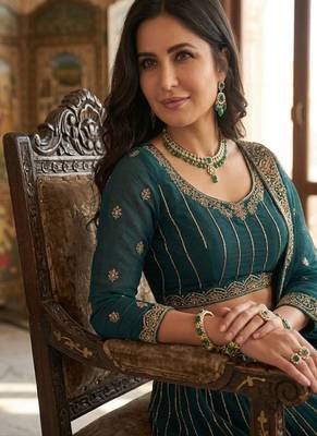 Teal Blue Designer Soft Net Lehenga Choli with Heavy Multi Thread Embroidery & Sequins Work For Women's 3