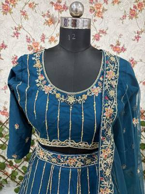 Teal Blue Designer Soft Net Lehenga Choli with Heavy Multi Thread Embroidery & Sequins Work For Women's 4