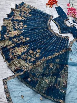 Teal Blue Designer Soft Net Lehenga Choli with Heavy Multi Thread Embroidery & Sequins Work For Women's 5