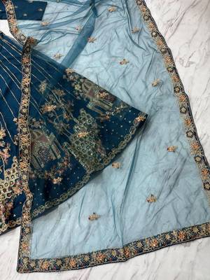 Teal Blue Designer Soft Net Lehenga Choli with Heavy Multi Thread Embroidery & Sequins Work For Women's 6