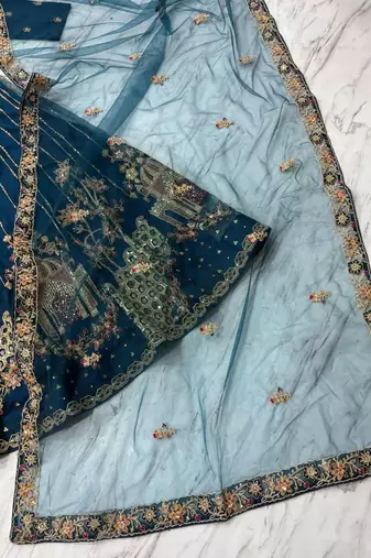 Teal Blue Designer Soft Net Lehenga Choli with Heavy Multi Thread Embroidery & Sequins Work For Women's