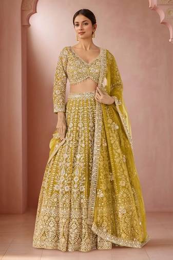 Yellow Premium Butterfly Net Embroidered Lehenga Choli with Dupatta For Women's