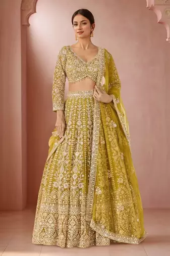 Yellow Premium Butterfly Net Embroidered Lehenga Choli with Dupatta For Women's