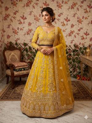 Yellow Premium Butterfly Net Embroidered Lehenga Choli with Dupatta For Women's 2