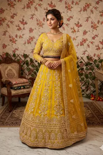 Yellow Premium Butterfly Net Embroidered Lehenga Choli with Dupatta For Women's