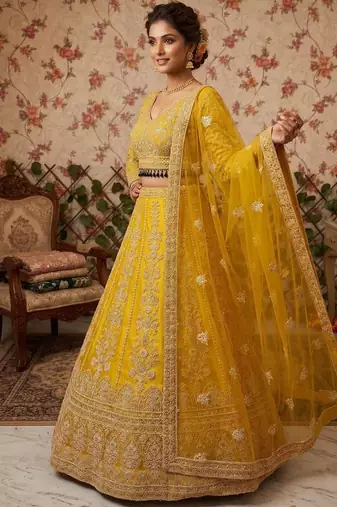 Yellow Premium Butterfly Net Embroidered Lehenga Choli with Dupatta For Women's
