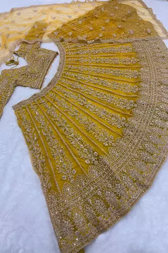Yellow Premium Butterfly Net Embroidered Lehenga Choli with Dupatta For Women's