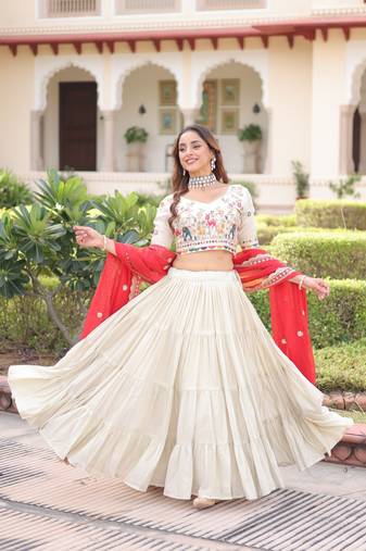 Off White (Cream ) Silk Embroidered Umbrella Lehenga Festive Wear For Women's
