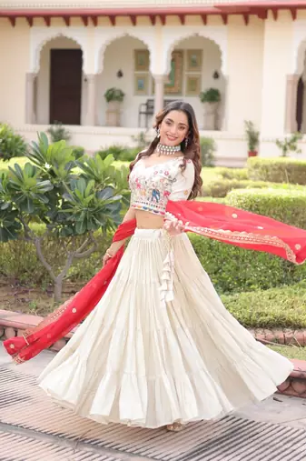 Off White (Cream ) Silk Embroidered Umbrella Lehenga Festive Wear For Women's