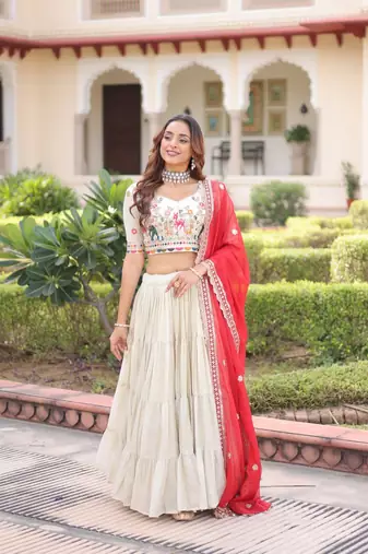 Off White (Cream ) Silk Embroidered Umbrella Lehenga Festive Wear For Women's