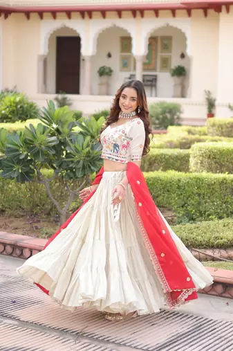 Off White (Cream ) Silk Embroidered Umbrella Lehenga Festive Wear For Women's