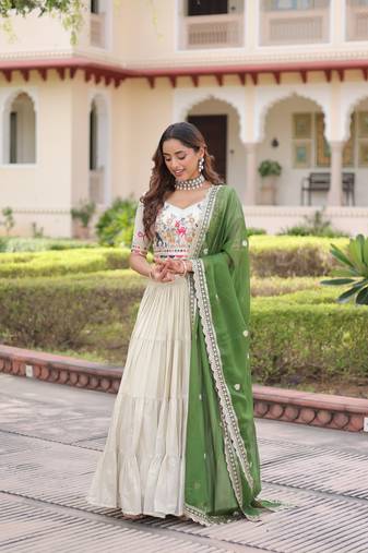 Off White ( Cream)  Silk Embroidered Umbrella Lehenga Festive WearFor Women's