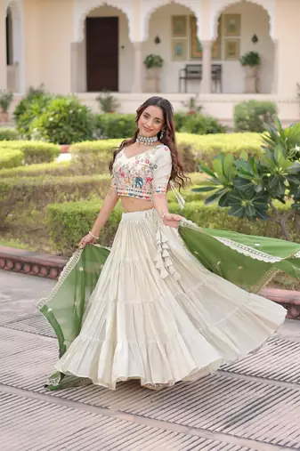 Off White ( Cream)  Silk Embroidered Umbrella Lehenga Festive WearFor Women's