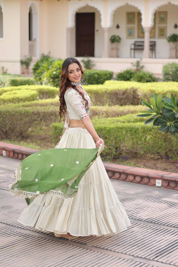 Off White ( Cream)  Silk Embroidered Umbrella Lehenga Festive WearFor Women's