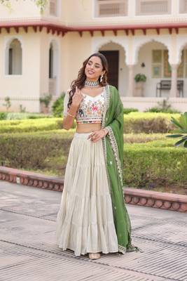 Off White ( Cream)  Silk Embroidered Umbrella Lehenga Festive WearFor Women's 5