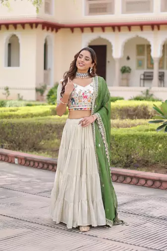 Off White ( Cream)  Silk Embroidered Umbrella Lehenga Festive WearFor Women's