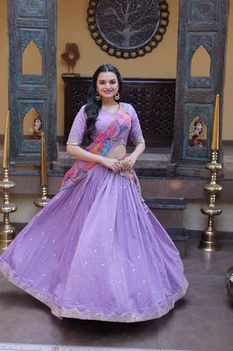 Lavender Zari Sequence Embroidery Work Lehenga Choli With Printed Dupatta For Women's