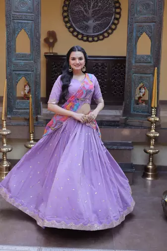 Lavender Zari Sequence Embroidery Work Lehenga Choli With Printed Dupatta For Women's