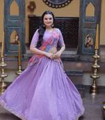 Lavender Zari Sequence Embroidery Work Lehenga Choli With Printed Dupatta For Women's