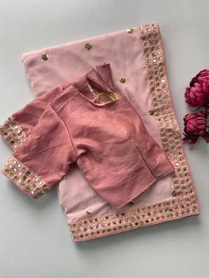 Pink color faux georgette mirror work saree 2