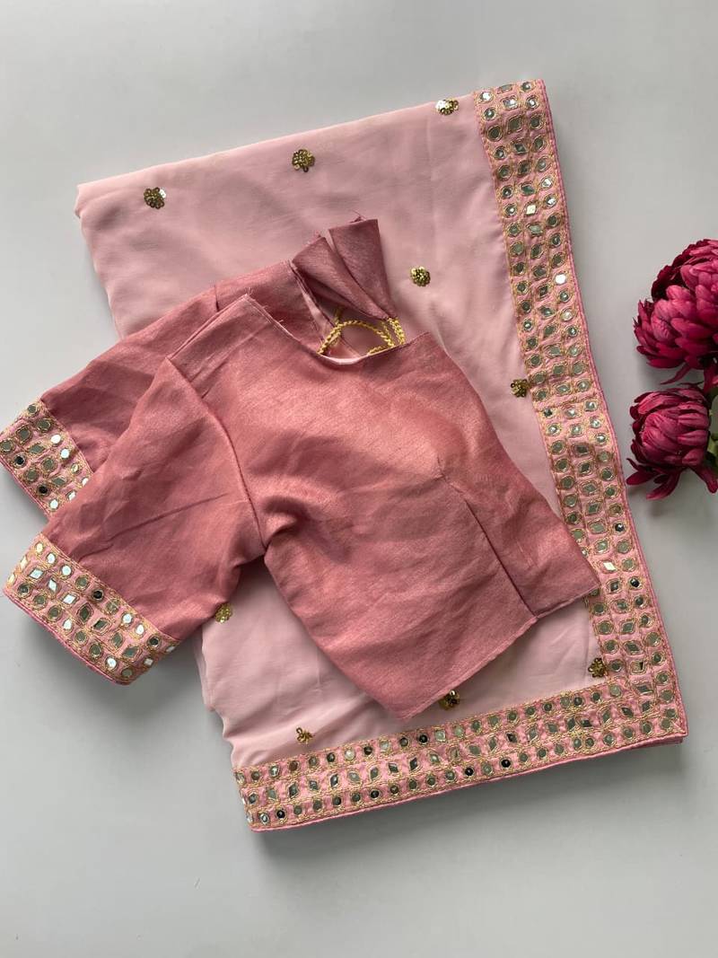 Pink color faux georgette mirror work saree