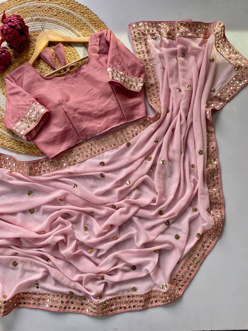 Pink color faux georgette mirror work saree