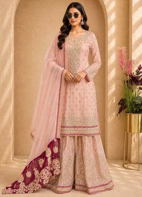 Pink fox georgette embroidered sharara set 1
