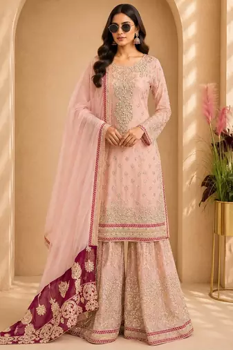 Pink fox georgette embroidered sharara set
