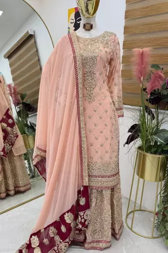 Pink fox georgette embroidered sharara set