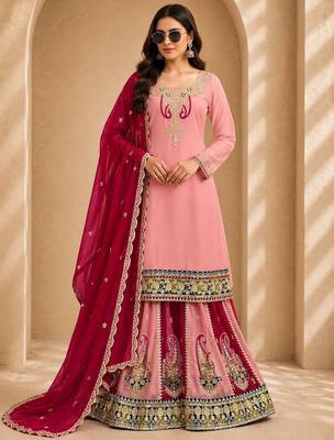 Pink fox georgette embroidered palazzo suit set 1