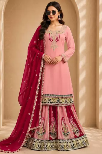 Pink colour fox georgette embroidered palazzo suit set