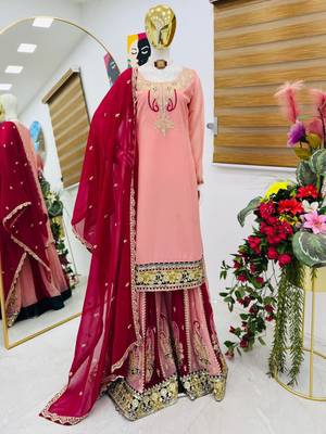 Pink fox georgette embroidered palazzo suit set 2